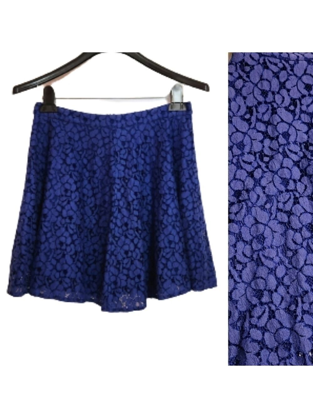 Topshop Floral Lace Skater Skirt Royal Blue Size 6 - Picture 2 of 11